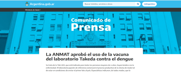 La ANMAT aprobó el uso de la vacuna del laboratorio Takeda contra el dengue